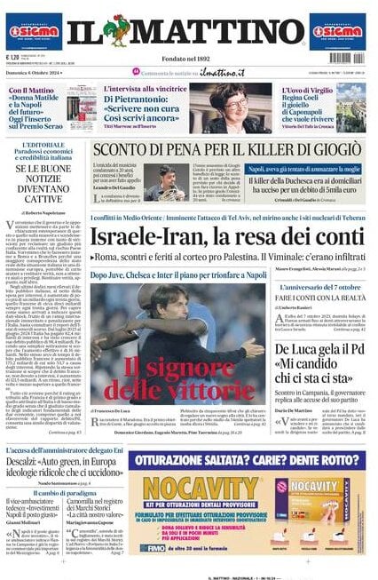 Il Mattino prima pagina di oggi 
            Edizione di Oggi, Domenica 06 Ottobre 2024