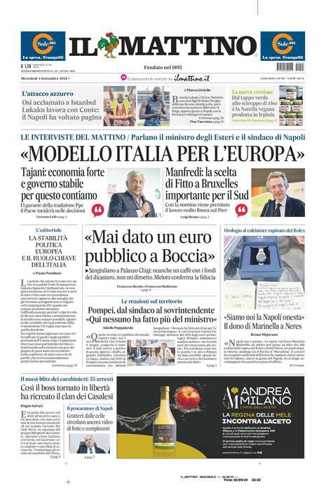 Il Mattino prima pagina di oggi 
            Edizione di Oggi, Mercoledì 04 Settembre 2024