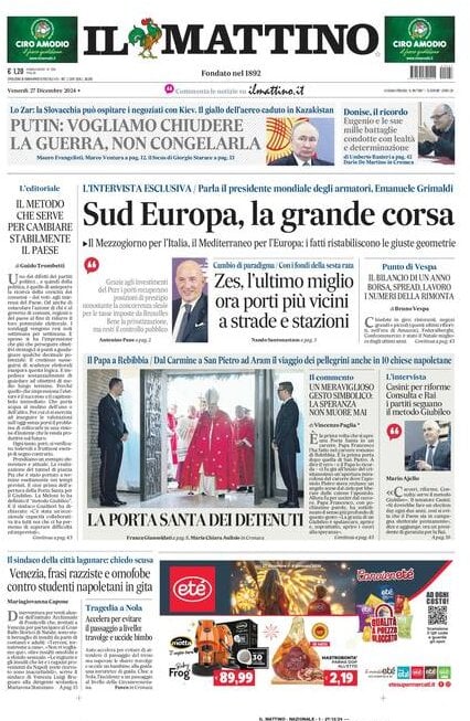 Il Mattino prima pagina di oggi 
            Edizione di Oggi, Venerdì 27 Dicembre 2024