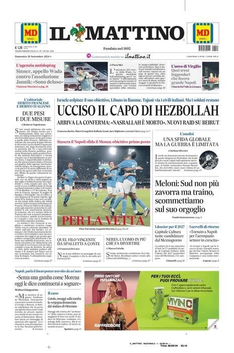 Il Mattino prima pagina di oggi 
            Edizione di Oggi, Domenica 29 Settembre 2024