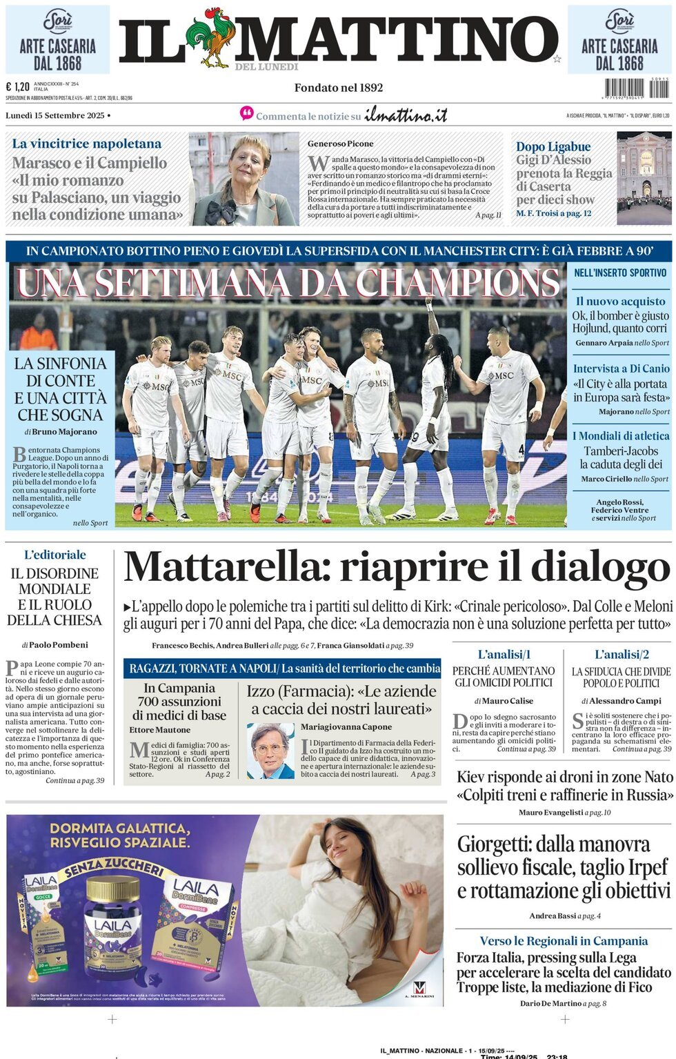 Il Mattino prima pagina di oggi 
            Edizione di Oggi, Lunedì 15 Settembre 2025