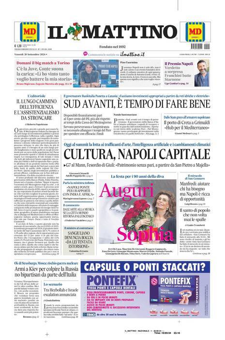 Il Mattino prima pagina di oggi 
            Edizione di Oggi, Venerdì 20 Settembre 2024