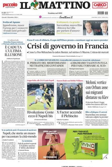 Il Mattino prima pagina di oggi 
            Edizione di Oggi, Giovedì 05 Dicembre 2024