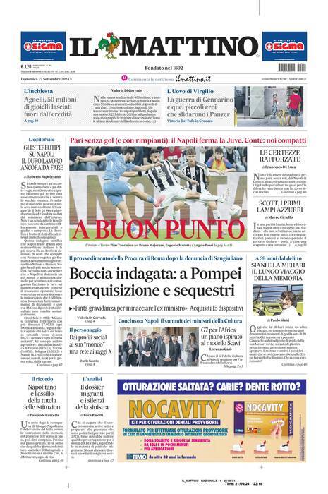 Il Mattino prima pagina di oggi 
            Edizione di Oggi, Domenica 22 Settembre 2024