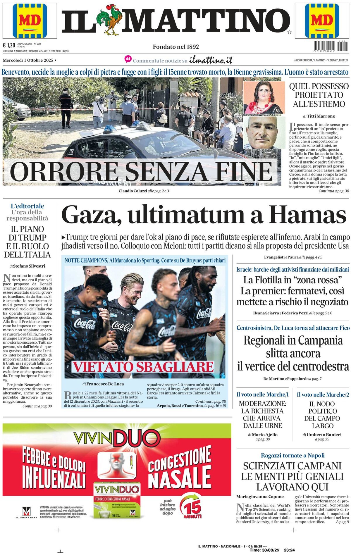 Il Mattino prima pagina di oggi 
            Edizione di Oggi, Mercoledì 01 Ottobre 2025