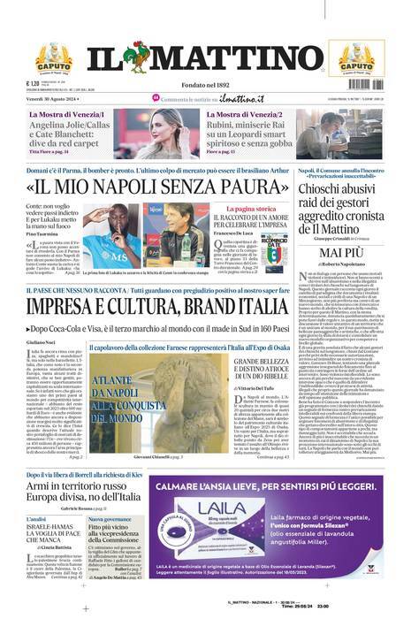 Il Mattino prima pagina di oggi 
            Edizione di Oggi, Venerdì 30 Agosto 2024