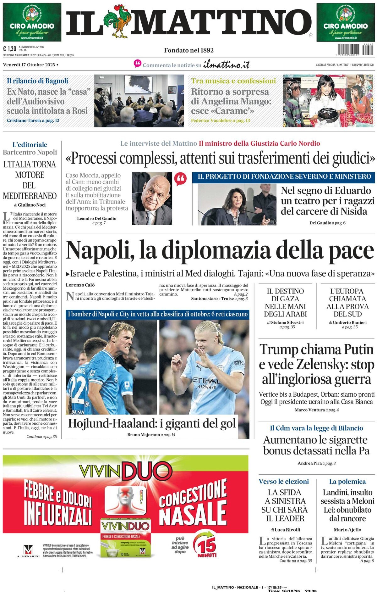 Il Mattino prima pagina di oggi 
            Edizione di Oggi, Venerdì 17 Ottobre 2025