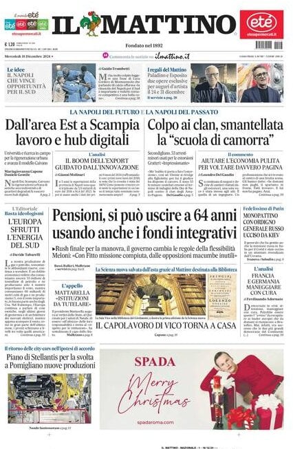 Il Mattino prima pagina di oggi 
            Edizione di Oggi, Mercoledì 18 Dicembre 2024