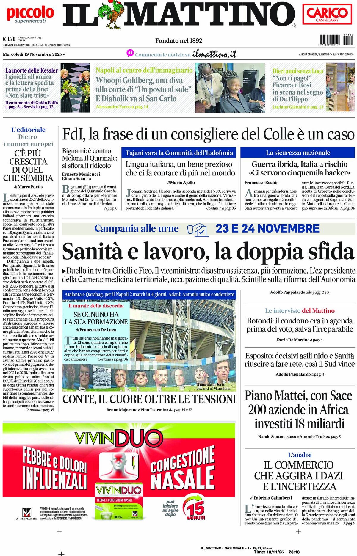 Il Mattino prima pagina di oggi 
            Edizione di Oggi, Mercoledì 19 Novembre 2025
