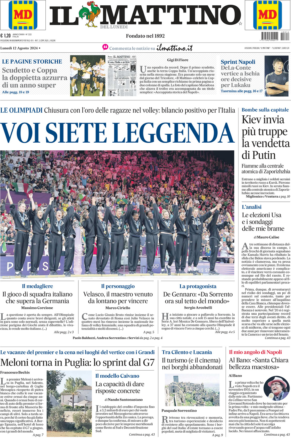 Il Mattino prima pagina di oggi 
            Edizione di Ieri, Lunedì 12 Agosto 2024