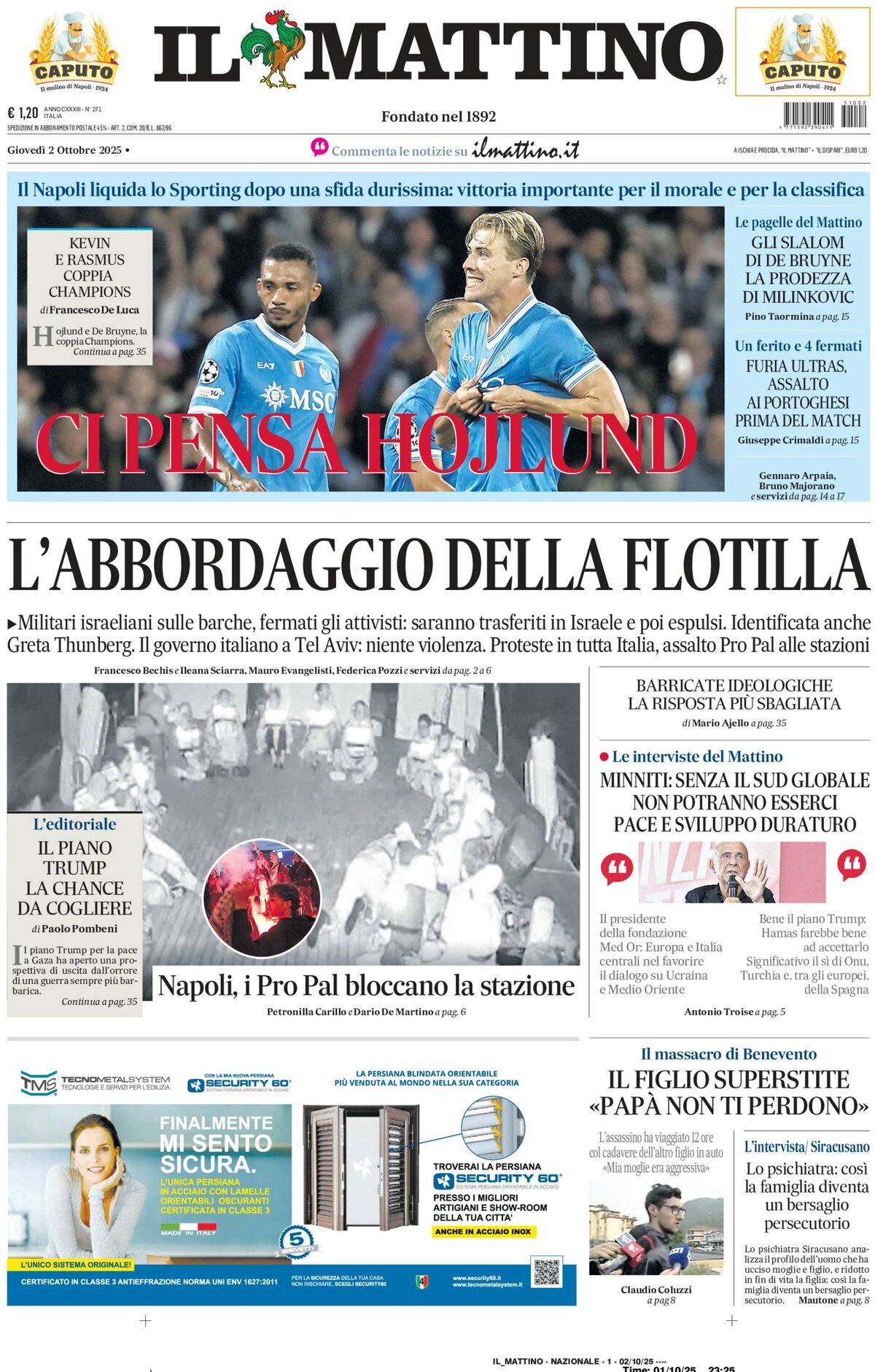 Il Mattino prima pagina di oggi 
            Edizione di Oggi, Giovedì 02 Ottobre 2025