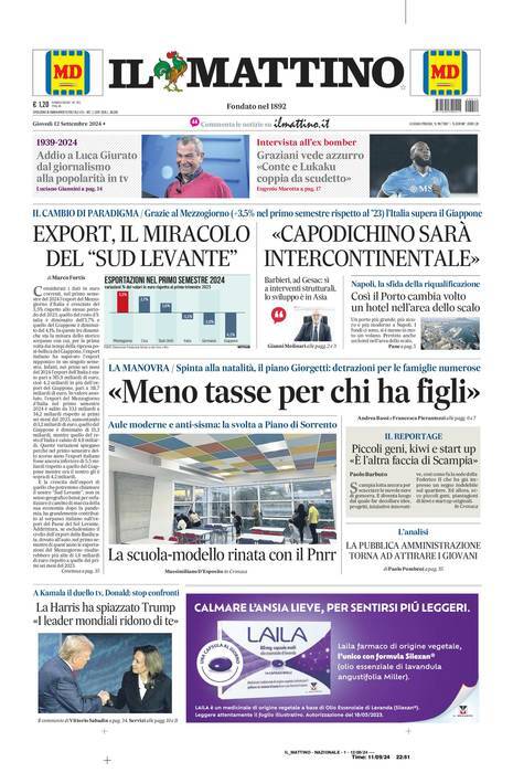 Il Mattino prima pagina di oggi 
            Edizione di Oggi, Giovedì 12 Settembre 2024