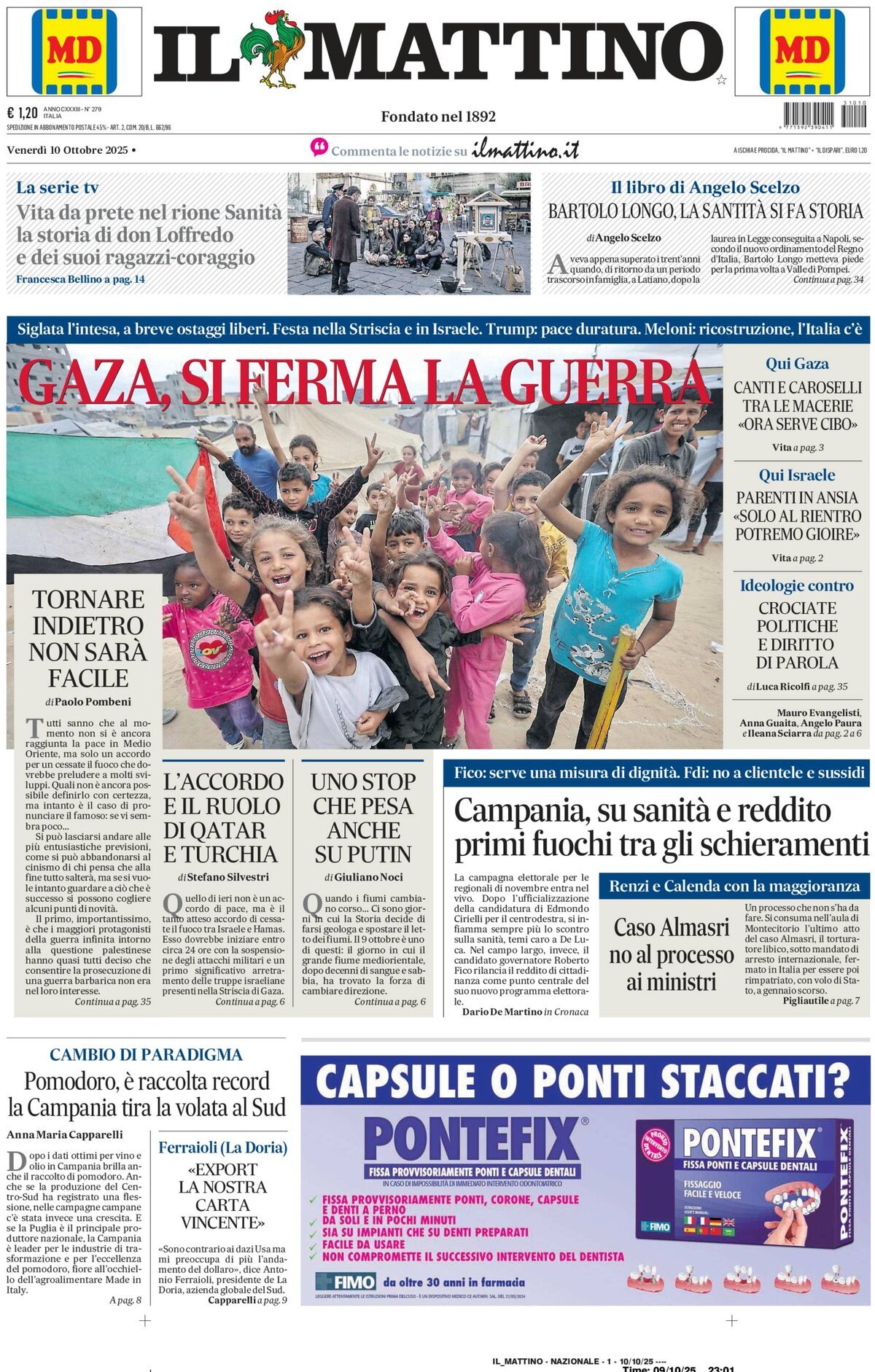 Il Mattino prima pagina di oggi 
            Edizione di Ieri, Giovedì 09 Ottobre 2025