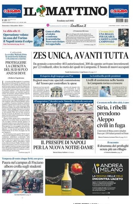 Il Mattino prima pagina di oggi 
            Edizione di Oggi, Domenica 01 Dicembre 2024