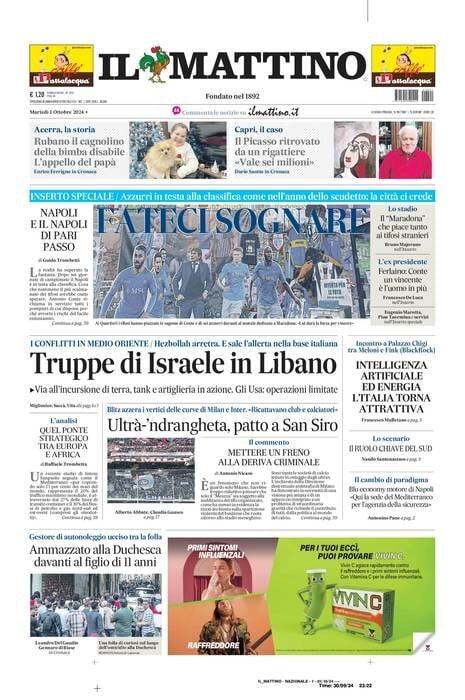 Il Mattino prima pagina di oggi 
            Edizione di Oggi, Martedì 01 Ottobre 2024