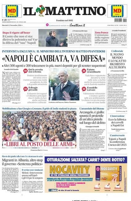 Il Mattino prima pagina di oggi 
            Edizione di Oggi, Martedì 12 Novembre 2024