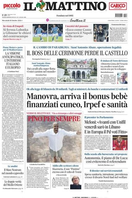 Il Mattino prima pagina di oggi 
            Edizione di Oggi, Mercoledì 16 Ottobre 2024