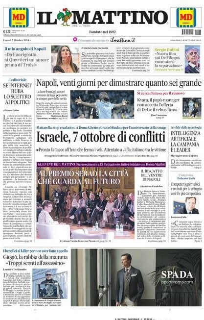 Il Mattino prima pagina di oggi 
            Edizione di Oggi, Lunedì 07 Ottobre 2024