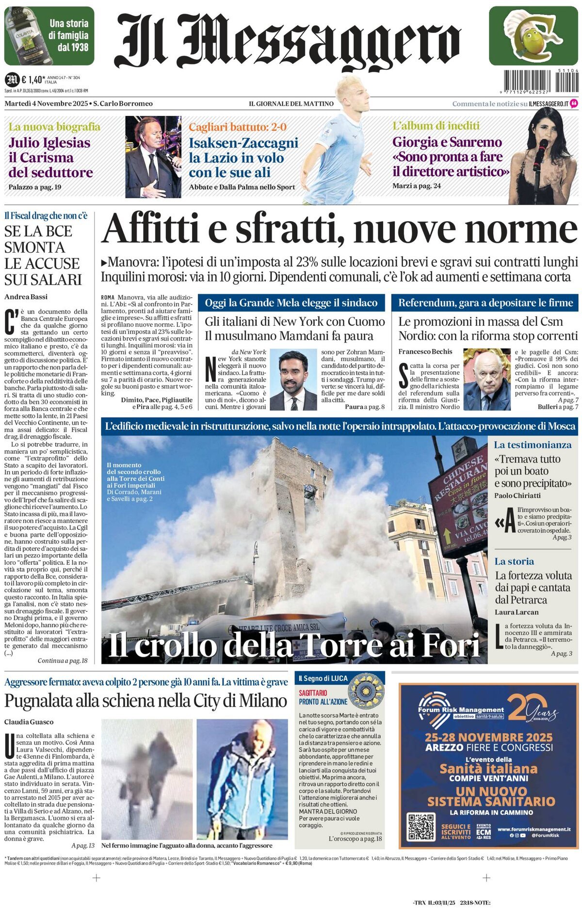 prima pagina il messaggero di oggi