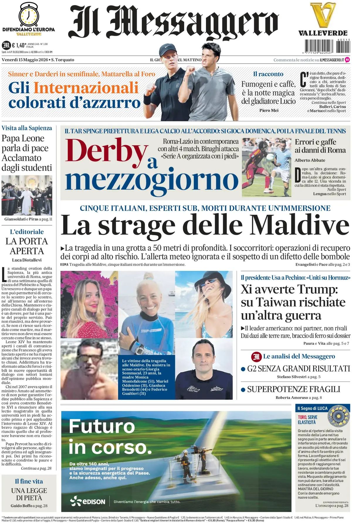 Il Messaggero, prima pagina