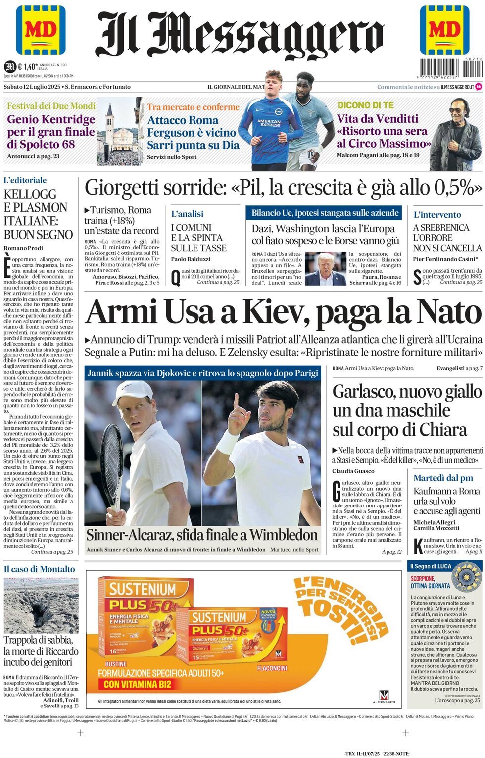 Il Messaggero, prima pagina
