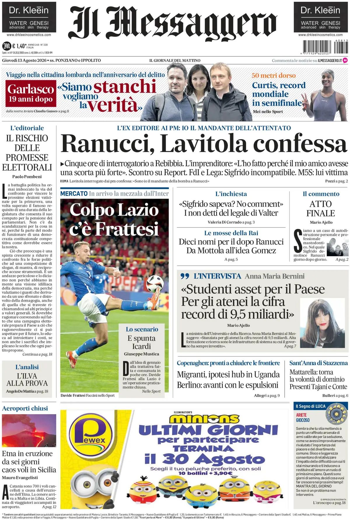 Il Messaggero, prima pagina