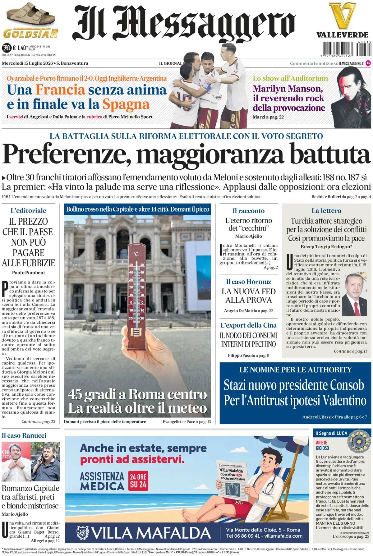 Il Messaggero, prima pagina