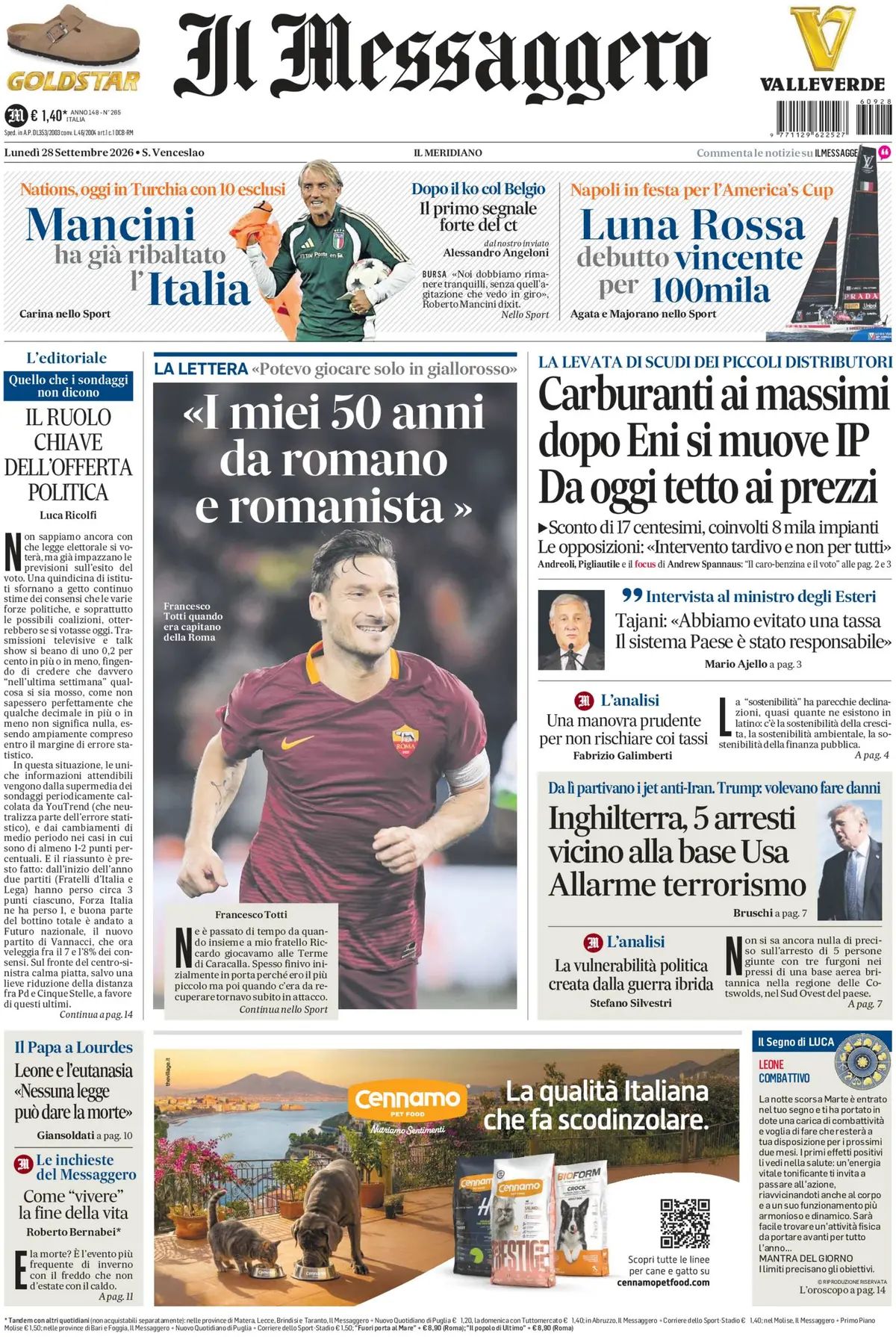 Il Messaggero, prima pagina