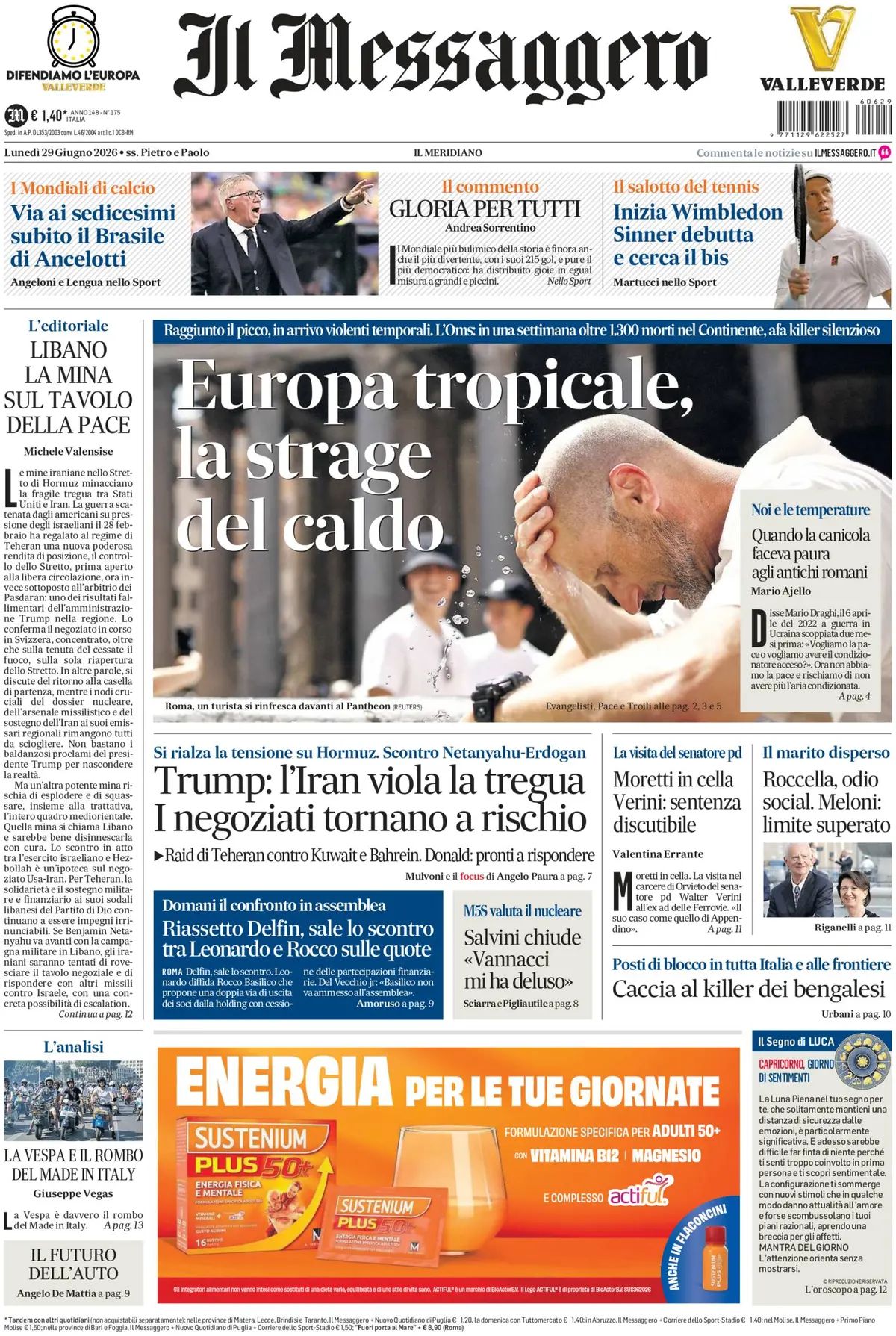 Il Messaggero, prima pagina