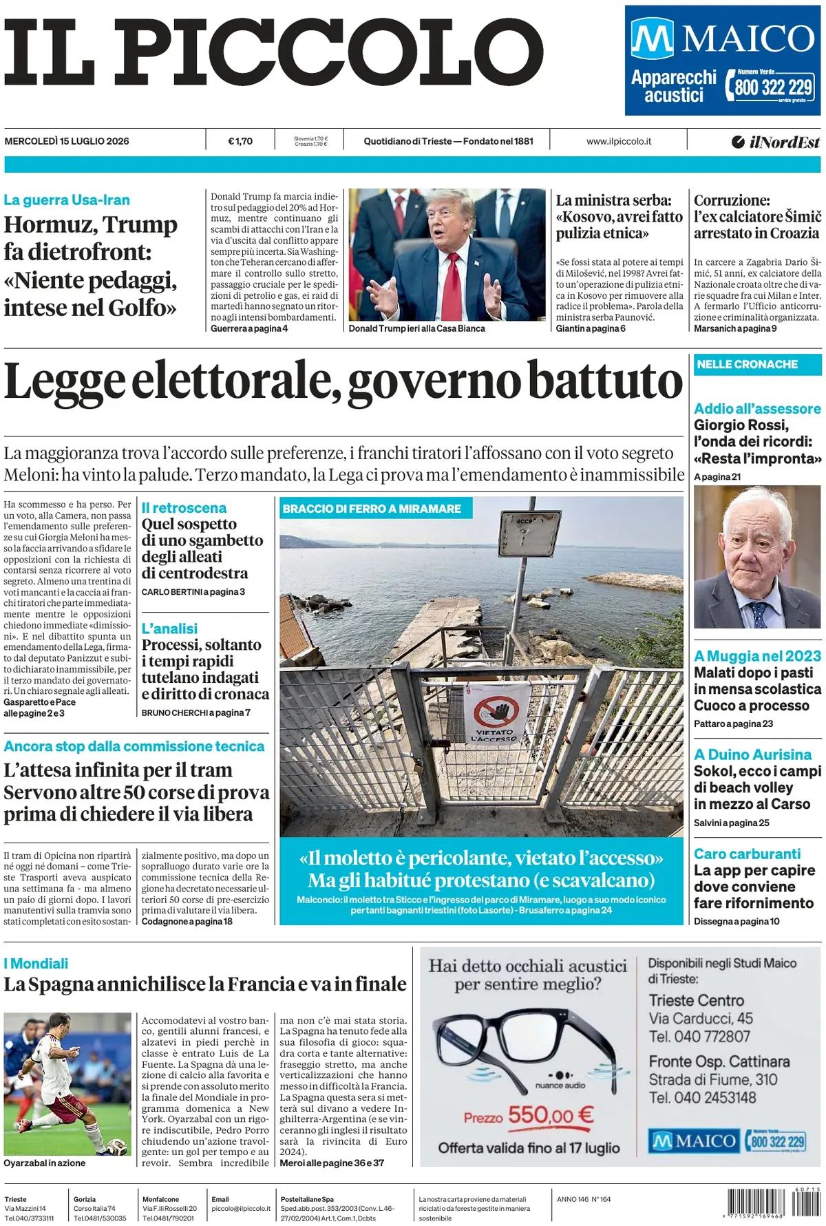 Il Piccolo, prima pagina