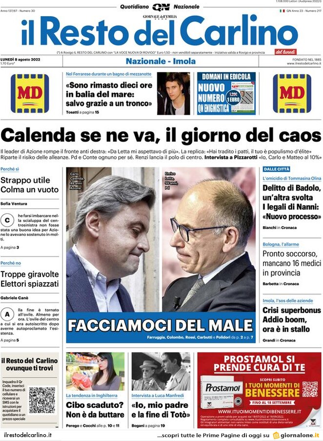 Il Resto Del Carlino, prima pagina