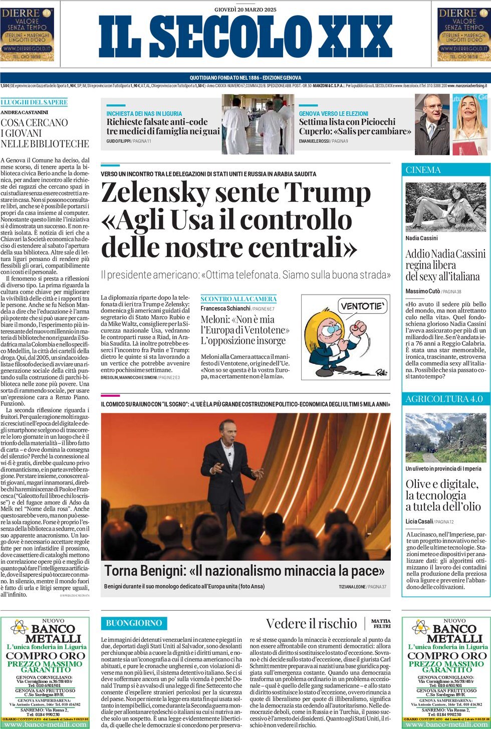 Il Secolo XIX, prima pagina