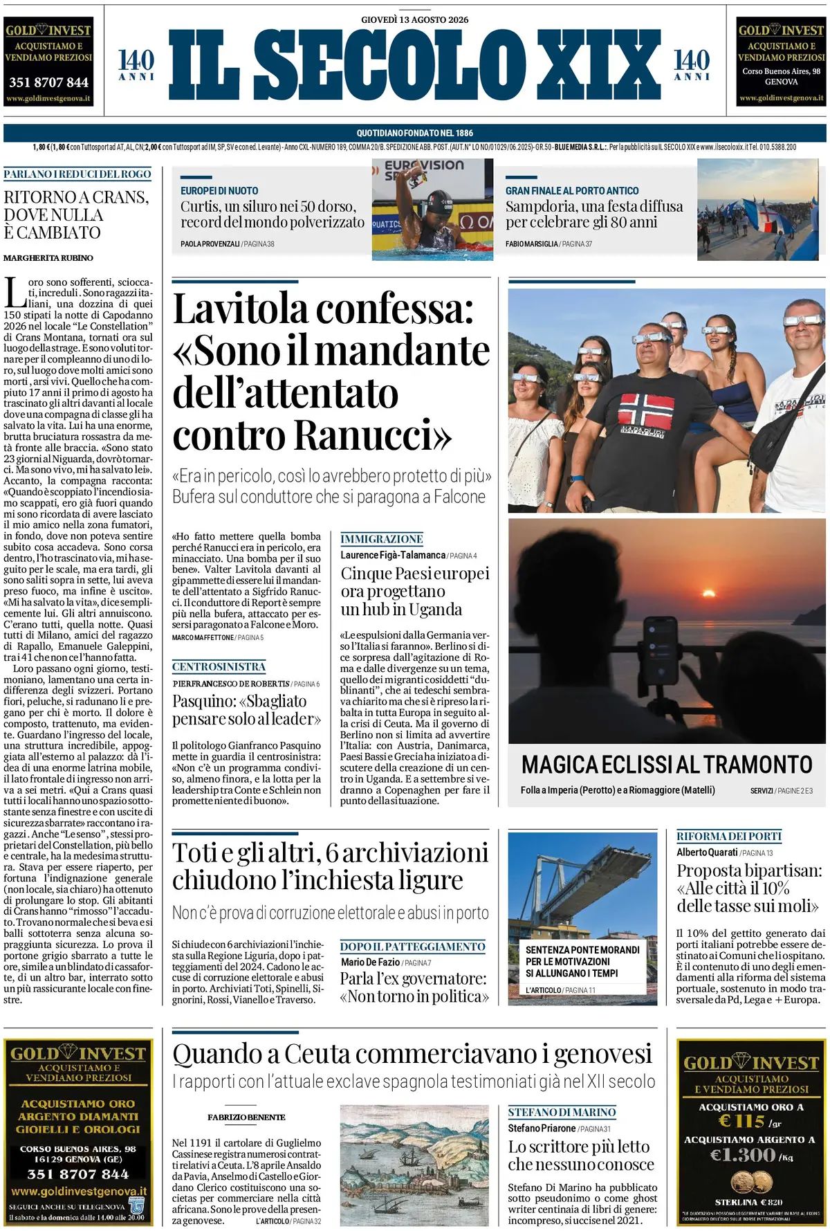 Il Secolo XIX, prima pagina