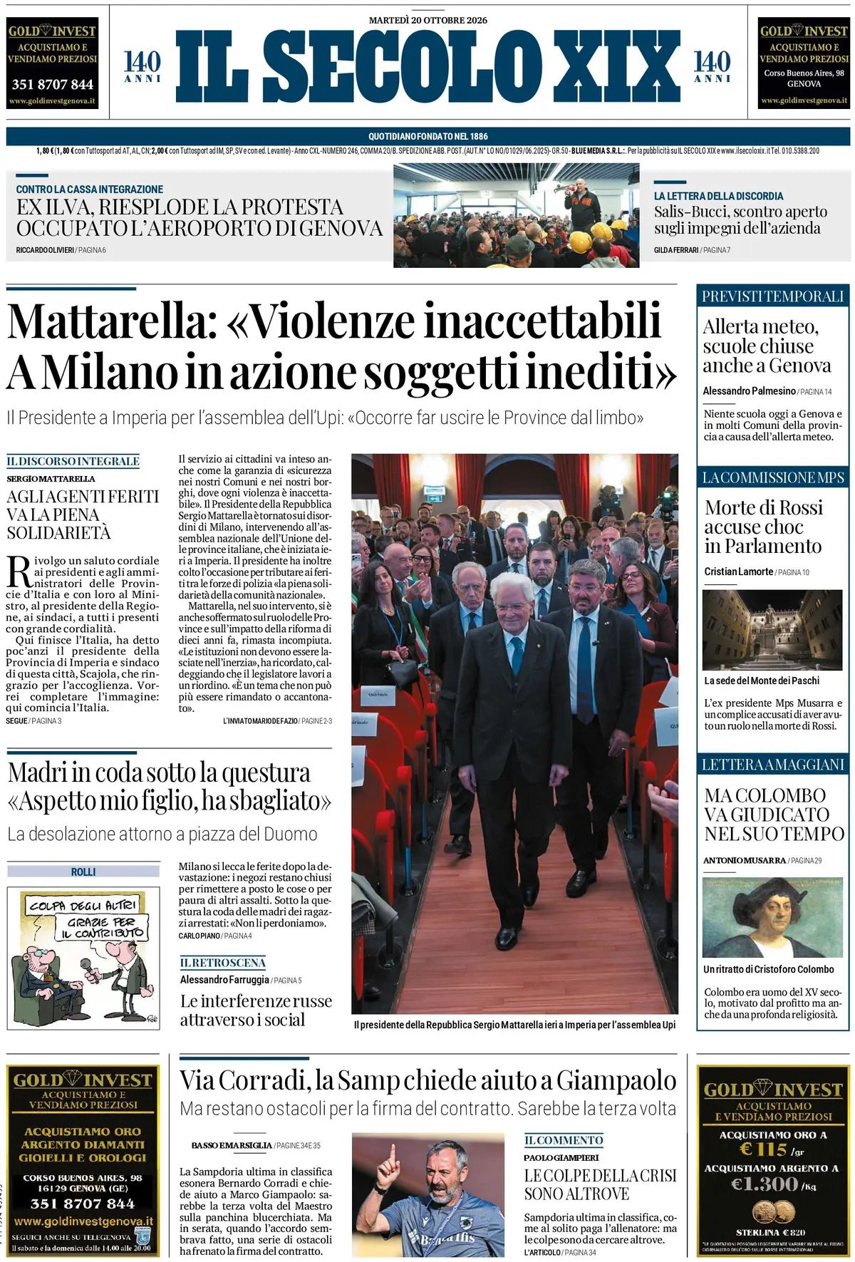 Prima pagina Il Secolo XIX del 20/10/2026