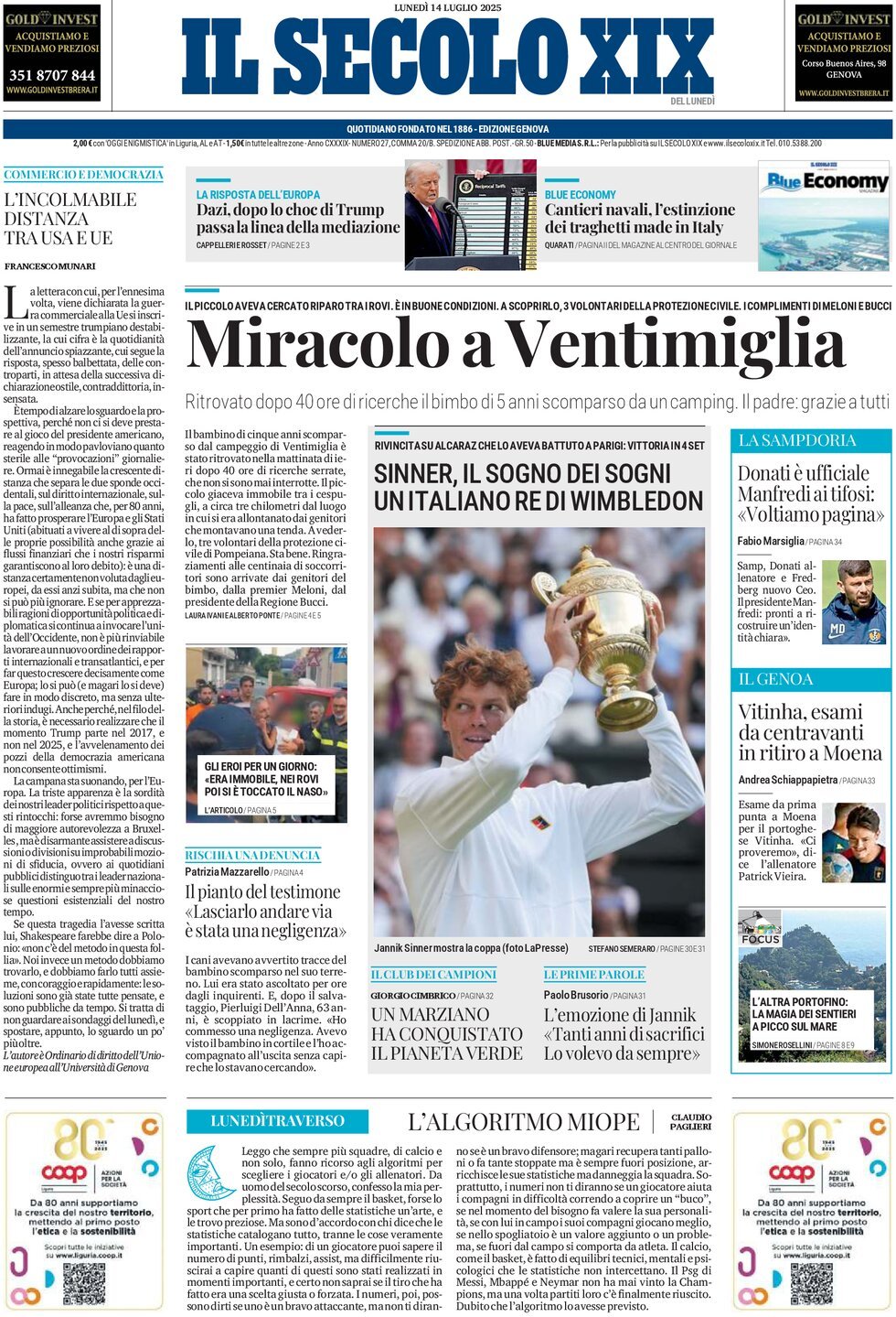 Il Secolo XIX, prima pagina