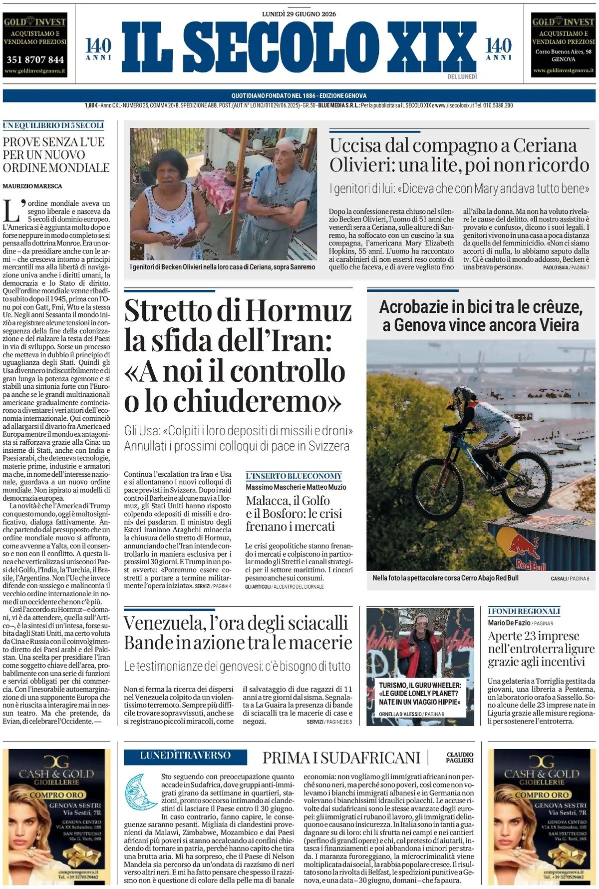 Il Secolo XIX, prima pagina