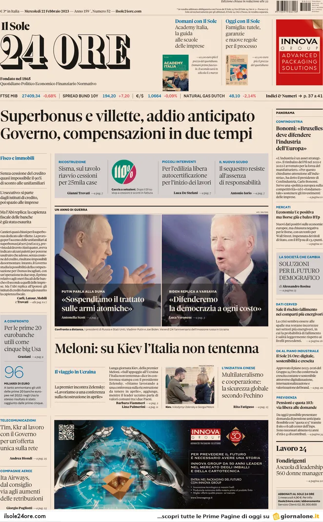 Prima Pagina Il Sole Ore Giornali It