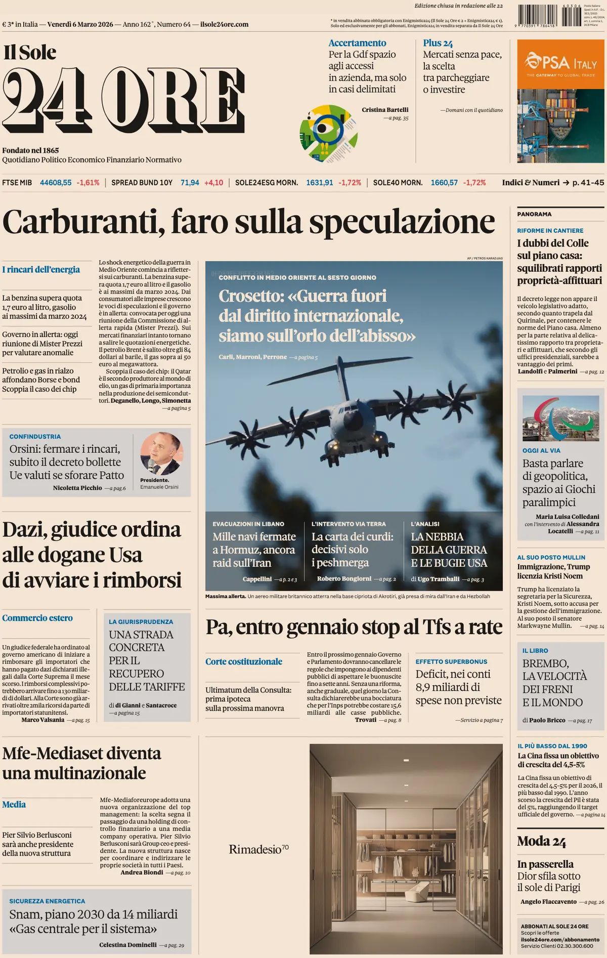 Il Sole 24 Ore, prima pagina