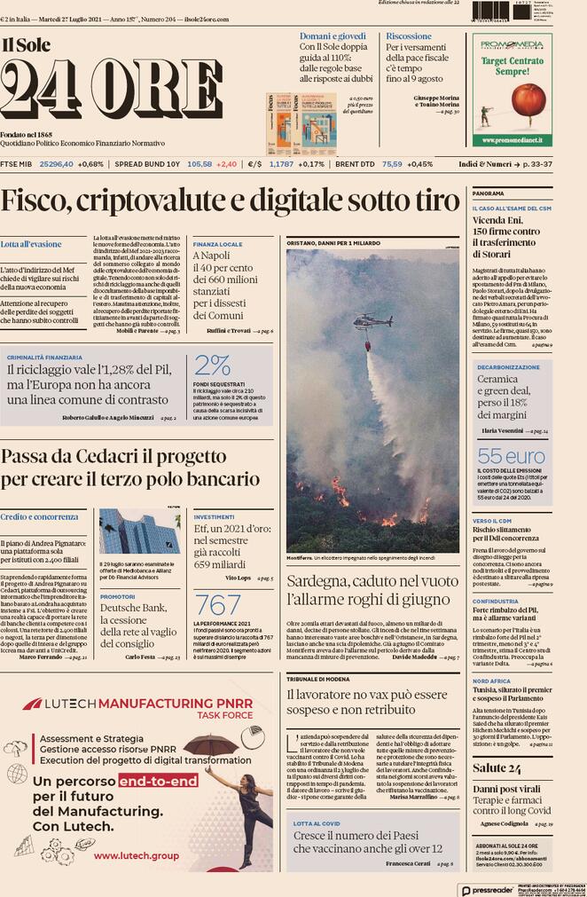 Il Sole 24 Ore, prima pagina