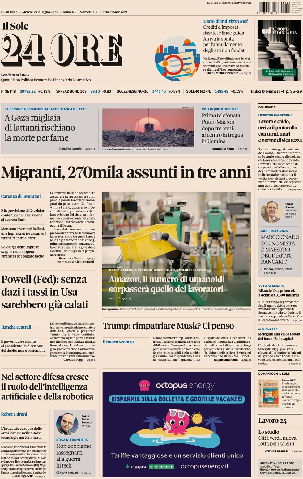 Il Sole 24 Ore, prima pagina
