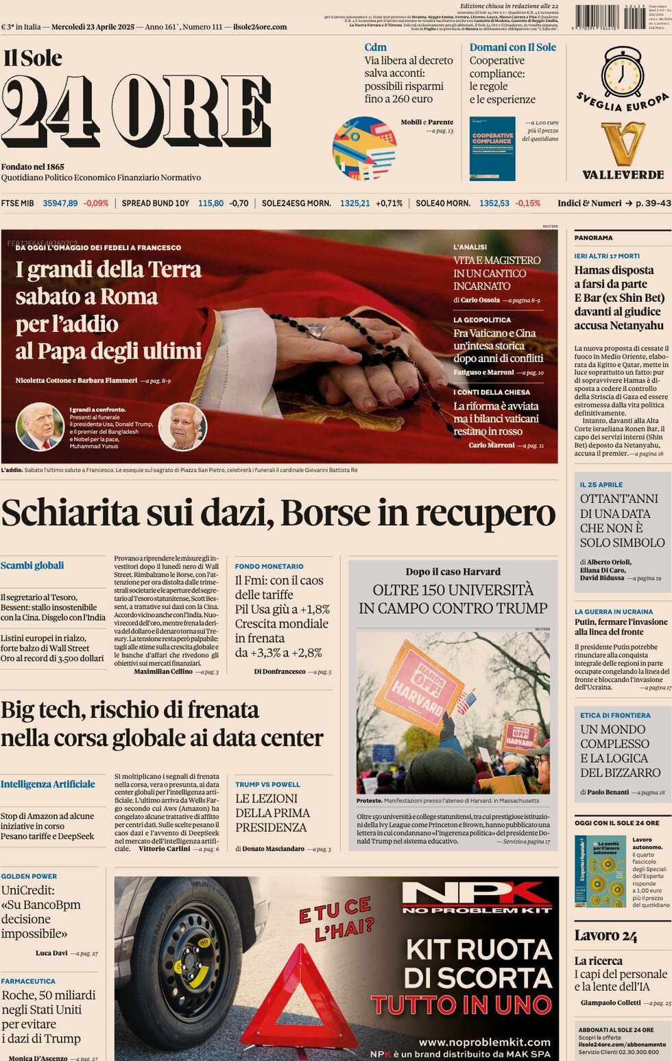 Il Sole 24 Ore, prima pagina