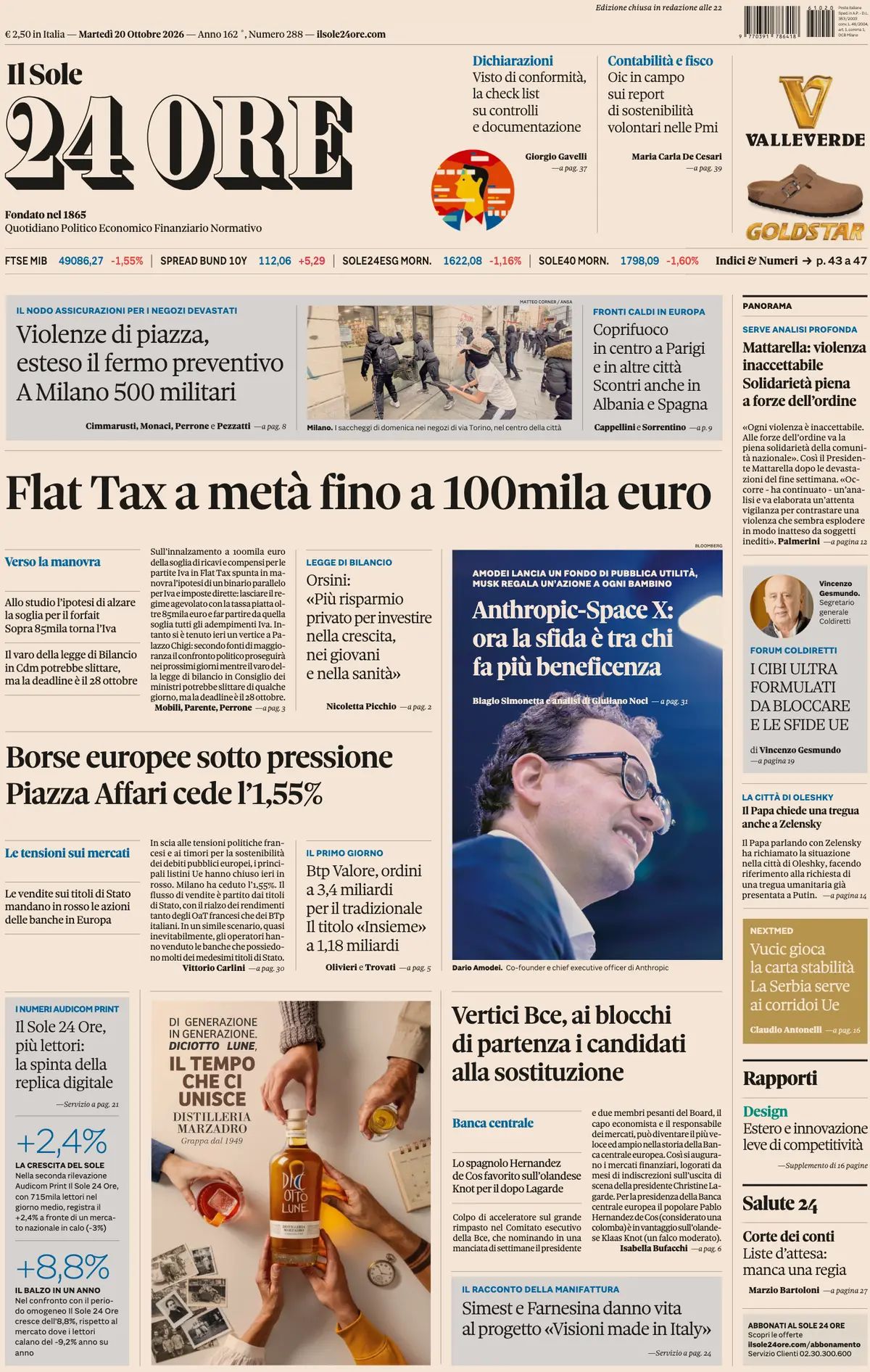 Prima pagina Il Sole 24 Ore del 20/10/2026