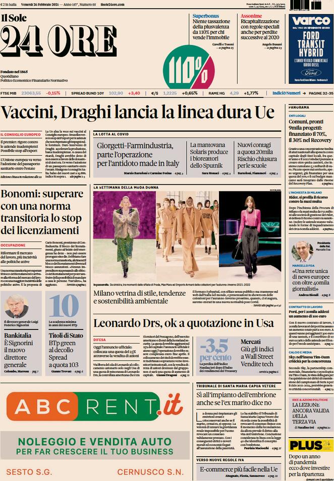 Il Sole 24 Ore, prima pagina