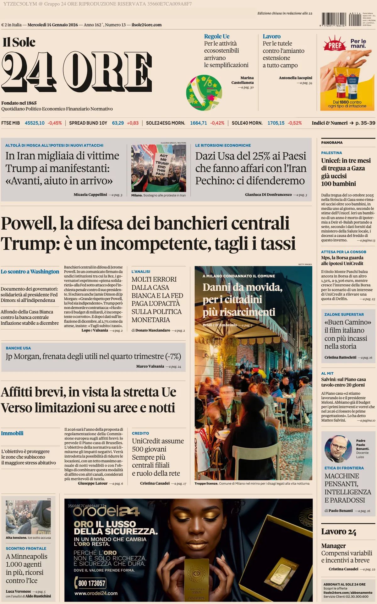 prima pagina del sole 24 ore