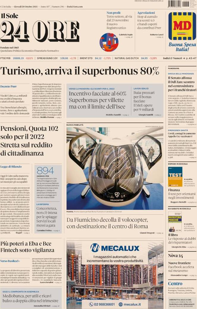 Il Sole 24 Ore, prima pagina
