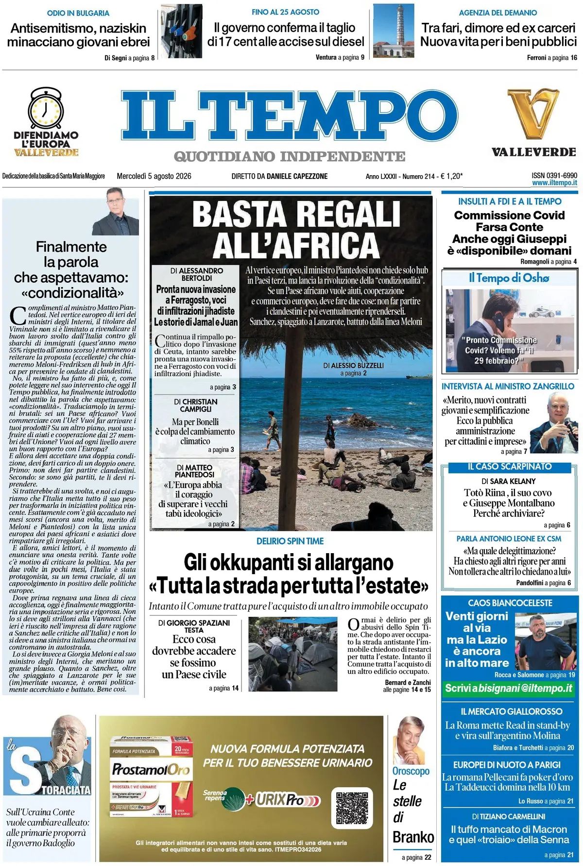 Il Tempo, prima pagina