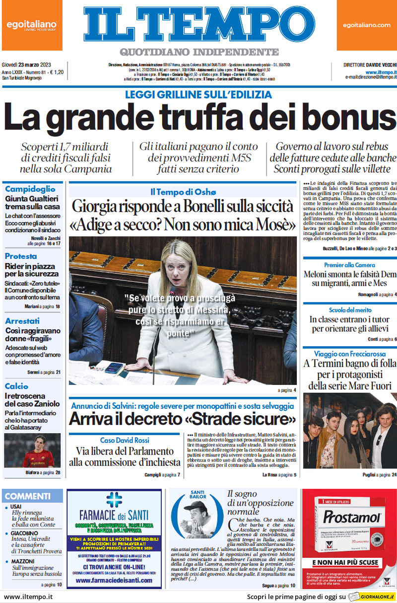 Il Tempo, prima pagina