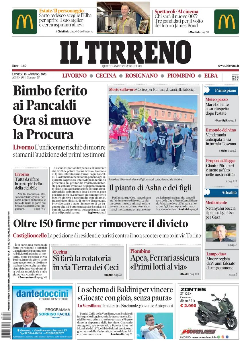 Il Tirreno, prima pagina