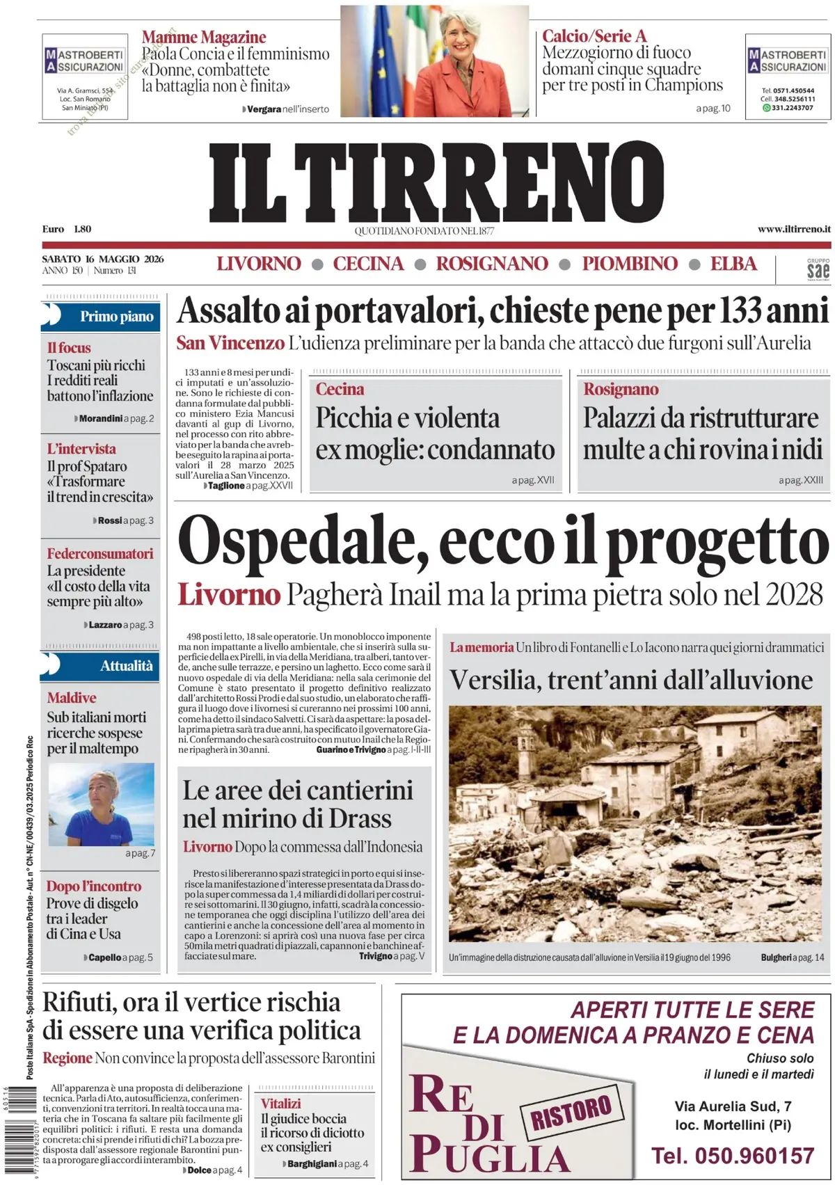 Il Tirreno, prima pagina
