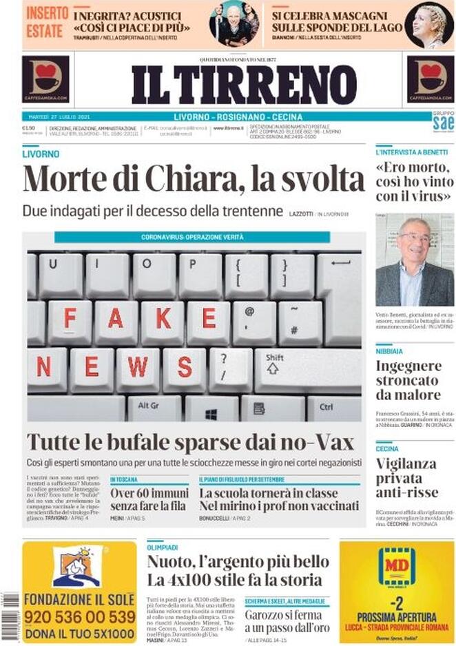 Il Tirreno, prima pagina